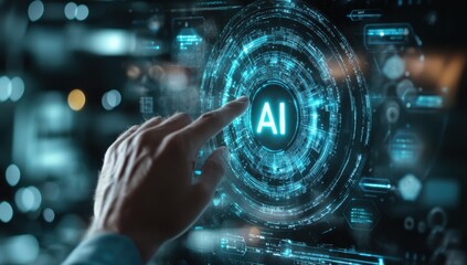 Fototapeta premium Hand Interacting with Futuristic Digital Interface Featuring AI Technology and Data Visualization in a Modern Tech Environment
