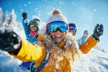 Joyful friends skiing together in winter snow at ski resort outdoor fun activities