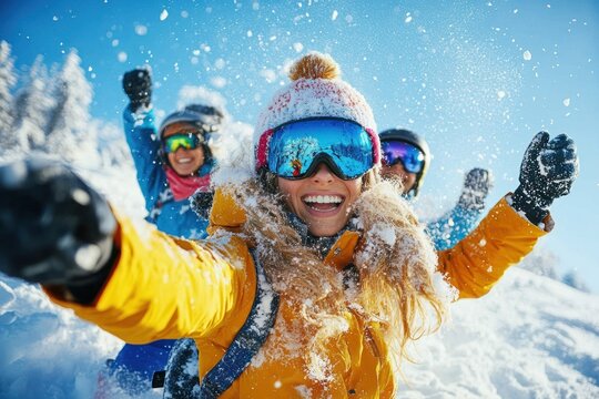 Joyful friends skiing together in winter snow at ski resort outdoor fun activities - Powered by Adobe