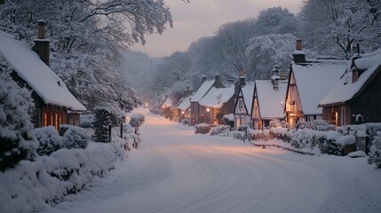Fototapeta premium A serene winter evening with snow-covered houses, softly lit windows, and a peaceful village street