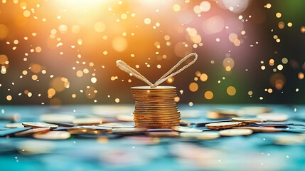 Stacks of coins with decorative twine in a vibrant setting