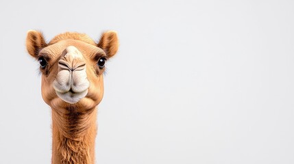 Close-up of a friendly camel's face against a plain background, showcasing its expressive eyes and fur