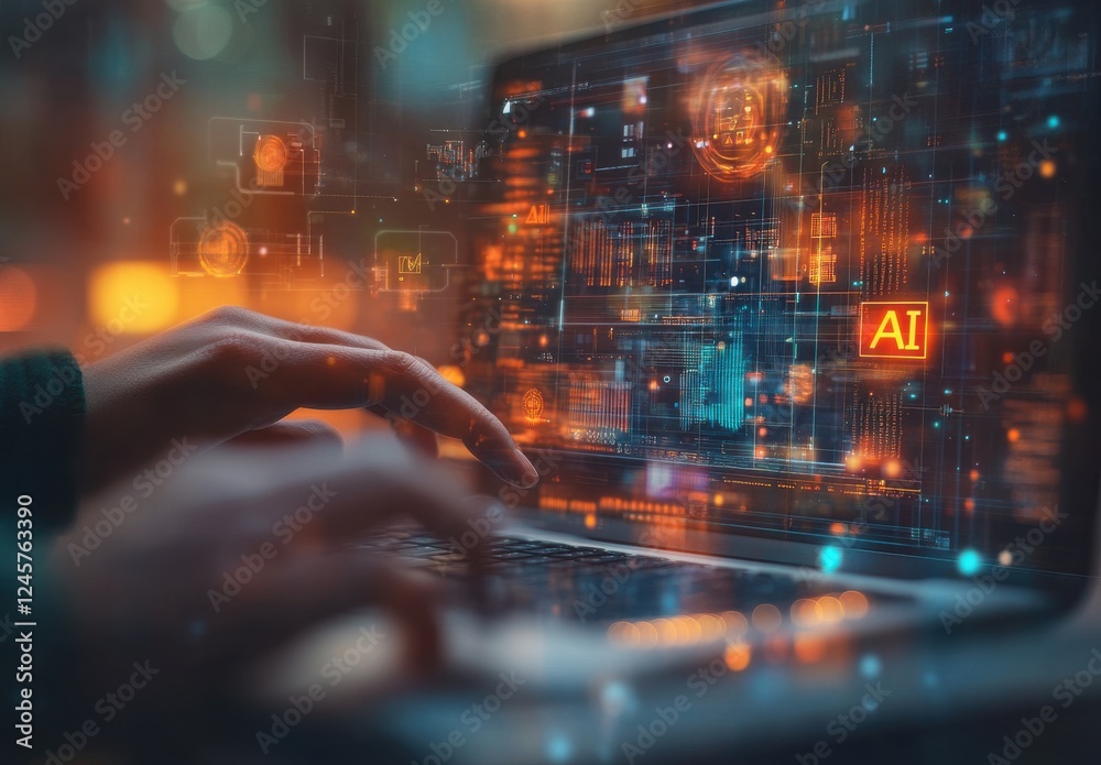 Aufkleber hands typing on a laptop with abstract digital interface showcasing artificial intelligence concepts