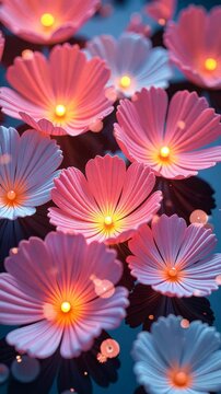 A close up of pink and white flowers with lights on them. The flowers are arranged in a row