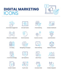 Digital Marketing Icons Set. Social Media Engagement, SEO Optimization, Email Marketing, Retargeting Campaigns, Conversion Rate, and Key Marketing Tools. Vector Icon Set.
