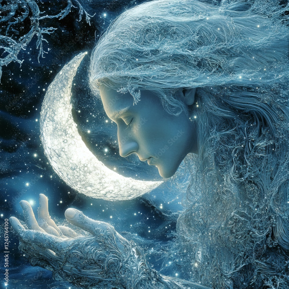 Wall mural hyperrealistic image of celestial entity with silver hair like flowing rivers adorned with frost pat