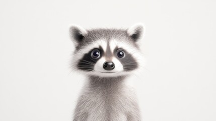 Cute raccoon with large eyes and soft fur, standing against a plain background, showcasing its charm