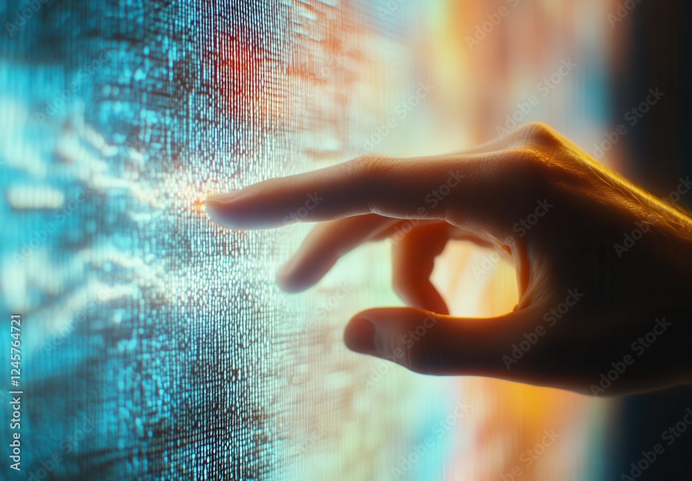 Poster human hand reaching towards interactive digital display with colorful lights and abstract patterns f