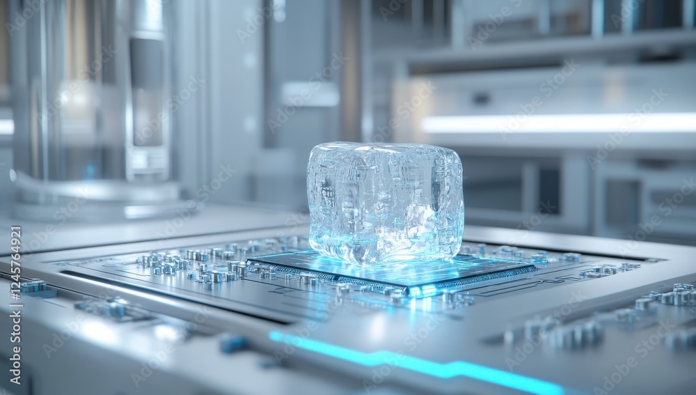 Aufkleber ice cube on circuit board in futuristic laboratory setting with glowing elements and soft focus back