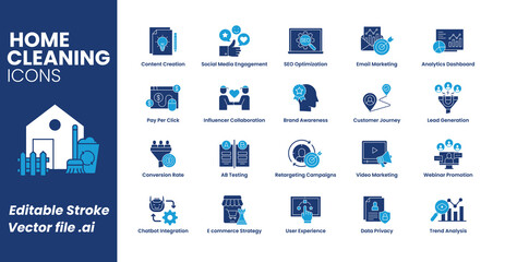 Digital Marketing Flat Icons Set. Content Creation, Social Media Engagement, SEO, Email Marketing, Analytics, Lead Generation,. Vector illustration.