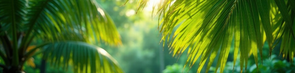 Palm fronds swaying gently in the forest breeze, verdant, tree branches, greenery