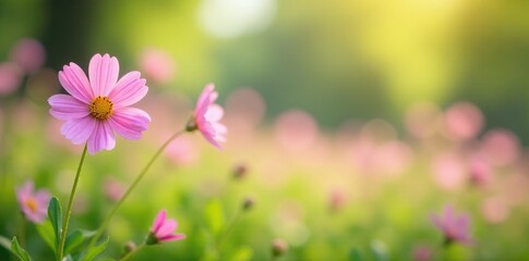 Obraz premium Pastel pink wildflowers swaying in gentle spring breeze, nature, blooming flowers, green grass