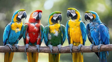 Obraz premium Colorful macaws perched on branch, jungle background, wildlife photography
