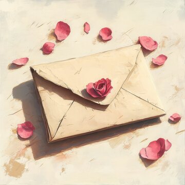 Envelope adorned with rose petals, romantic vibe