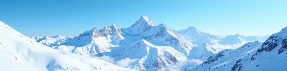 Obraz premium Snowy mountain peaks stretching towards a bright blue sky, blue sky, winter wonderland