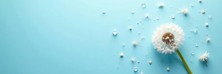 pastel blue background with scattered dandelion seeds and water droplets, textures, gentle