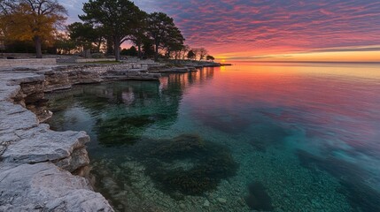 Obraz premium Serene sunrise over calm coastal waters.