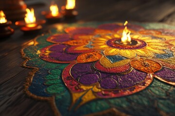 Vibrant Rangoli Design with Lit Diya for Diwali