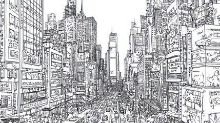 Fototapeta premium City street sketch, busy avenue, skyscrapers, traffic, urban landscape, design element