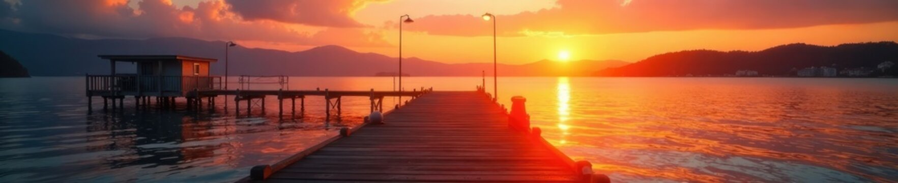 Warm sunset light casts long shadows on the dock, docks, sunsets