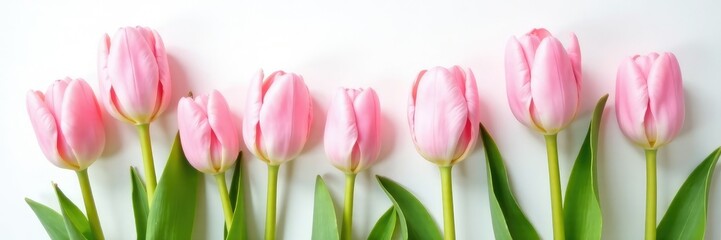 Fototapeta premium Pastel pink tulips against white background with a subtle copy space, flat lay, greenery, pastel colors