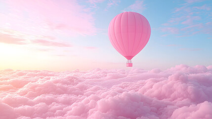 Obraz premium Pink Hot Air Balloon Dream: A pastel pink hot air balloon floats serenely above a sea of fluffy pink clouds, bathed in the soft glow of a sunrise or sunset. A dreamy.