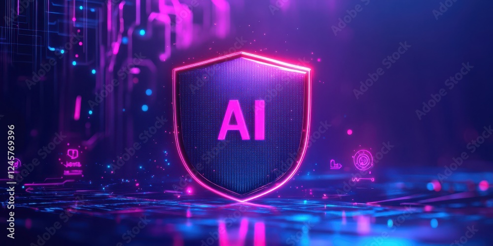 Aufkleber neon shield representing artificial intelligence with digital background, cyber security concept in 