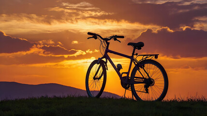 Obraz premium Silhouette of a bike on sky background on sunset AI generated