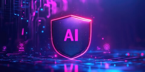 Neon Shield Representing Artificial Intelligence with Digital Background, Cyber Security Concept in Futuristic Style, Protecting Data and Algorithms