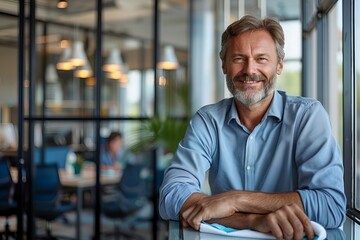 Happy mature male worker cleaning glass with rag: A portrait