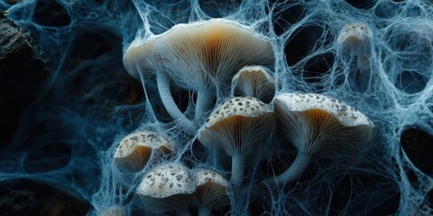 Obraz premium Fungal Communication on a mycelium networks revealing symbiotic relationships and the intricate signaling between fungi and plants