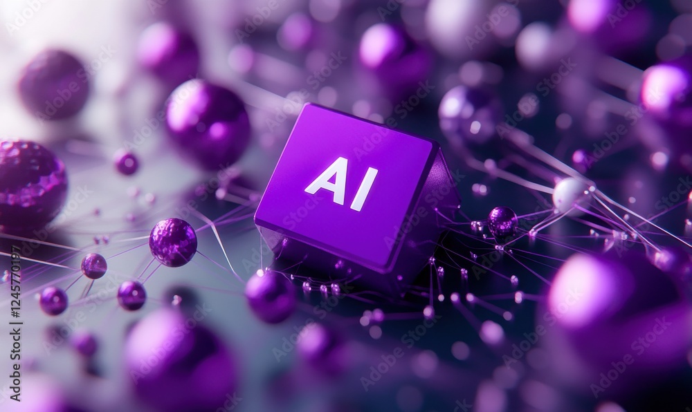 Poster purple keyboard key featuring ai surrounded by colorful spheres and connective nodes representing ar