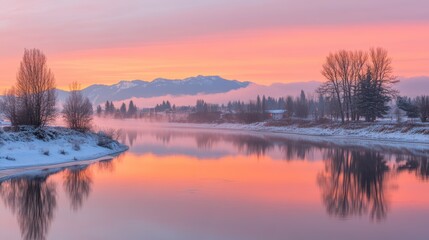 Fototapeta premium Serene winter sunrise over calm river.