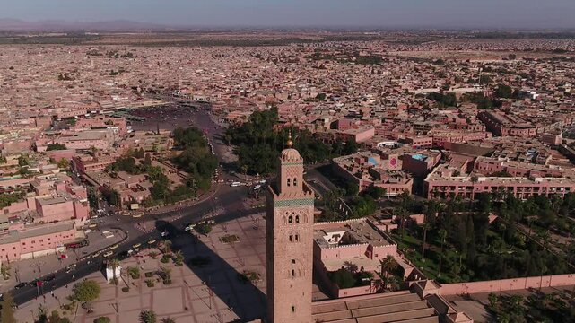 The Koutoubia Mosque stands as a symbol of Marrakech, with its towering minaret visible from the city. It represents Islamic architecture and is a key feature of the city's skyline.