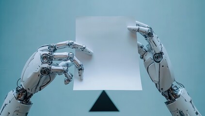 Robotic Hands Holding Blank White Paper Against Simple Background with Geometric Shape for Concept of Technology and Artificial Intelligence