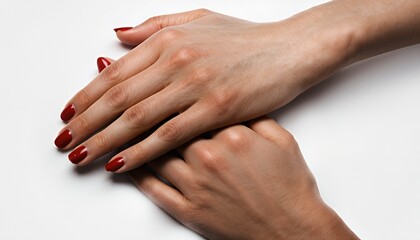 Close-up of female hands with red manicured nails