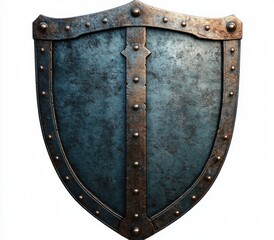 realistic close-up medieval shield textured metal rivets dramatic lighting