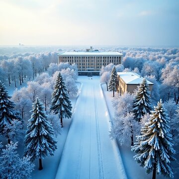 Vladivostok FEFU campus with snow-covered trees and buildings, snowfall, landscape, snow