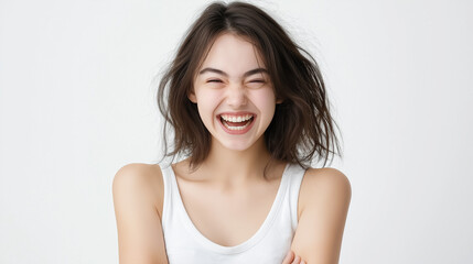 A studio portrait of a girl with a mischievous smirk, one eyebrow raised, radiating playful energy