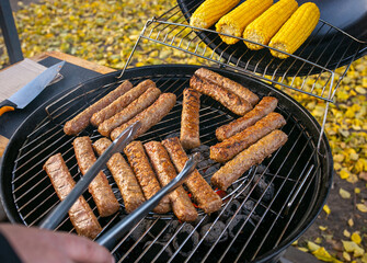 grilled meat, steak, baked corn, barbecue, guests, picnic. nature, food, delicious