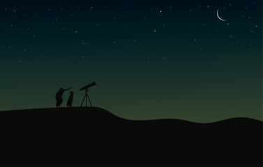 Ramadhan Mubarak background vector illustration. A father and his child are looking for crescent moon with a telescope in a clear sky. 