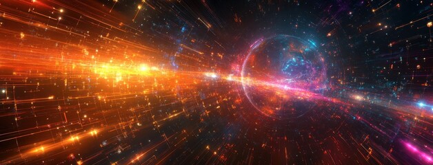 Obraz premium Stunning Cosmic Burst with Radiant Light Trails and Vibrant Stars Surging through a Colorful Nebula in a Universe of Endless Possibilities