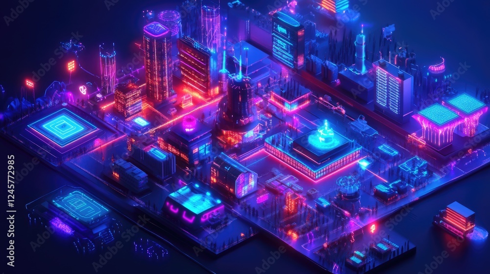 Poster a 3d blueprint of a smart city, with sensors and iot devices illustrated, showing interconnected sys