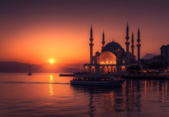 Naklejka premium Serene Sunset Over Mosque with Spires and Boat on Still Water