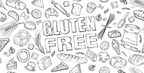 Gluten free baking design. horizontal Hand drawn cereal crops sketches. vector illustratio