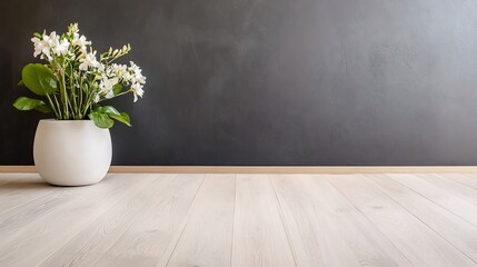 White flowers, vase, light wood floor, dark wall, interior design
