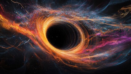 Naklejka premium Stunning Representation of Galactic Black Hole with Colorful Star Trails and Cosmic Elements in Outer Space Illustration