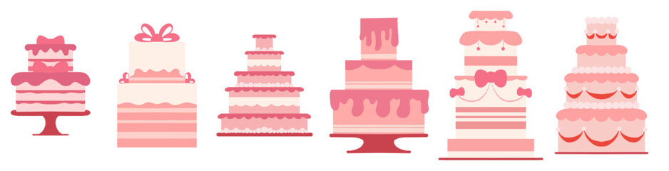 Vector set of festive cakes with various decorations in soft pink colors. Valentines day cake clip art collection. Sweet treat for stickers and cards