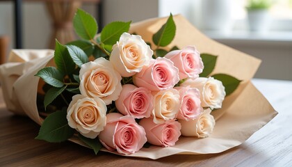 Obraz premium Bouquet of pink and cream roses on wooden table