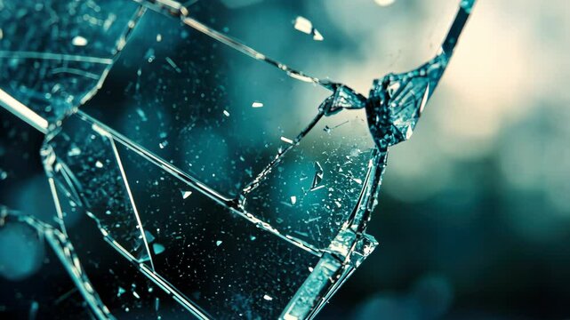 Shattering glass closeup: dramatic fracture and break movement animation